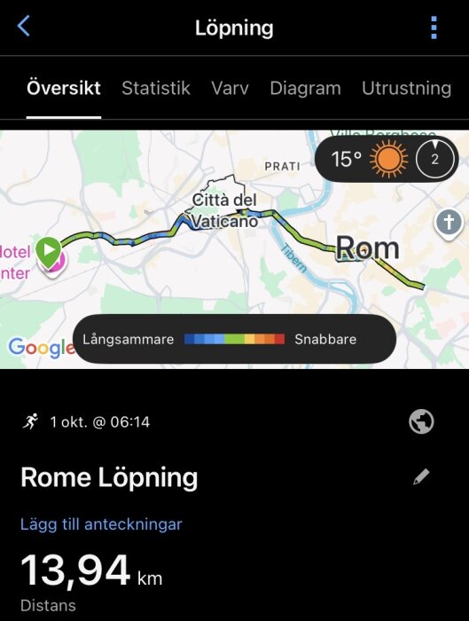 Löprunda i Rom på 13,94 km, visar rutten på karta genom Città del Vaticano, med temperatur 15°C den 1 oktober kl. 06:14.