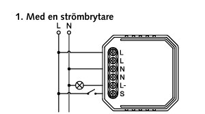 Kopplingsschema för strömbrytare och dimmer med markeringar för L, N, L-, och S. Visar rätt koppling av fas och tändtråd till förbrukaren.
