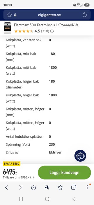 Skärmdump av produktbeskrivning för Electrolux 500 keramikspis med specifikationer och pris på Elgigantens webbplats.