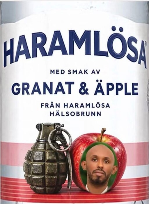En parodisk dryckesetikett med texten "Haramlösa" och en smak av "Granat & Äpple" visar en granat, ett äpple och ett ansikte monterat på framsidan.