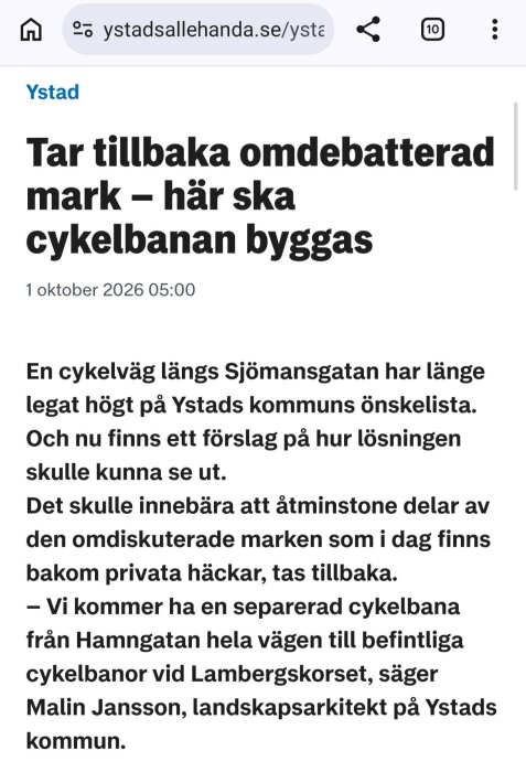 Tidningsartikel med rubriken "Tar tillbaka omdebatterad mark – här ska cykelbanan byggas" från ystadsallehanda.se, publicerad 1 oktober 2026.