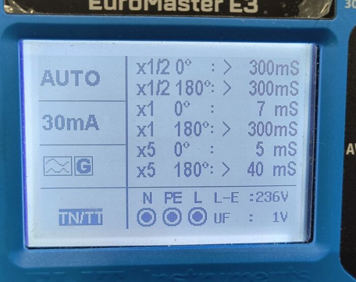 Bildskärm av en EuroMaster E3-enhet som visar olika mätresultat för tester med JFB, inklusive tider i millisekunder och spänning mellan L och E på 236V.