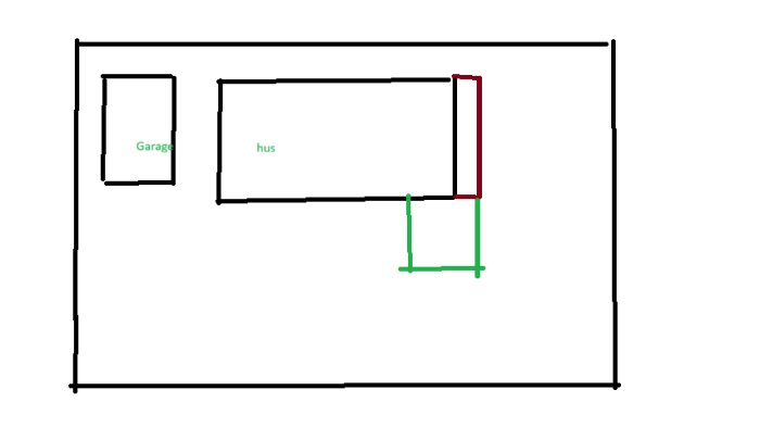 Skiss av en tomt med hus och garage, markerar planerad utbyggnad i vinkel på ett 70-talshus, med vinröd del som inglasad balkong/uterum.