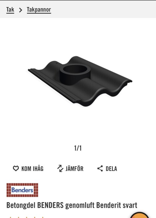 Svart betongtakpanna från Benders med rund öppning för avloppsluftning.