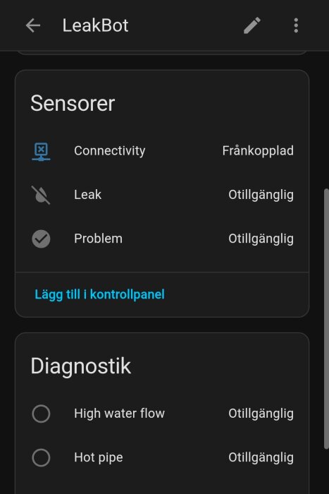 LeakBot-statusskärm visar sensorer för uppkoppling, läckor och problem som otillgängliga, samt diagnostik för högt vattenflöde och varma rör.