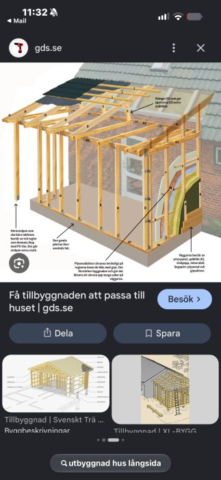 Ritning av husutbyggnad med träkonstruktion, detaljerad med takbjälkar, väggmaterial och platta markerade.