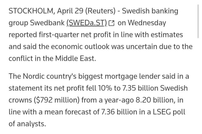 Swedbank rapporterar 10% minskning av nettoresultat första kvartalet till 7,35 miljarder kronor, påverkat av osäkerhet i Mellanöstern.