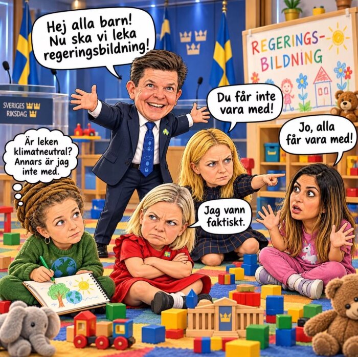 Tecknad politisk satir av svenska politiker som barn i ett klassrum, där de leker "regeringsbildning" med byggklossar och diskuterar vem som får vara med.