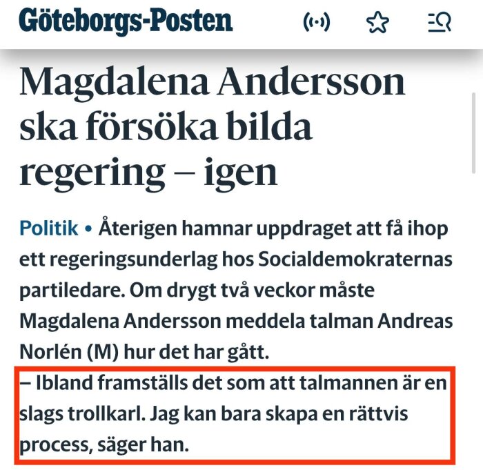 Tidningsartikel från Göteborgs-Posten om att Magdalena Andersson ska försöka bilda regering, med citat om talmannens roll.