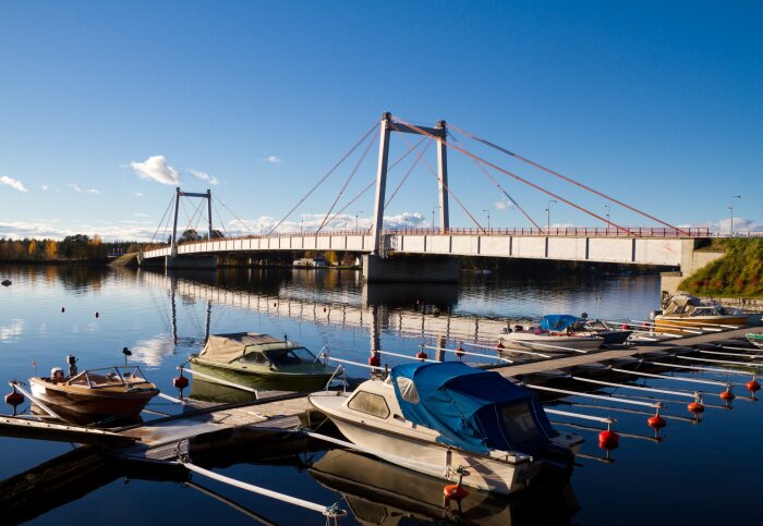 En bro med röda kablar över en lugn flod, småbåtar förtöjda vid bryggan i förgrunden, klarblå himmel i bakgrunden.
