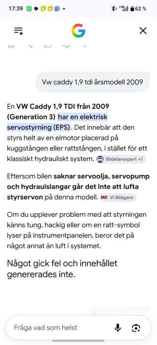 Skärmbild av sökresultat om VW Caddy 1,9 TDI från 2009 med elektrisk servostyrning där ett felmeddelande visas om misslyckad innehållsgenerering.