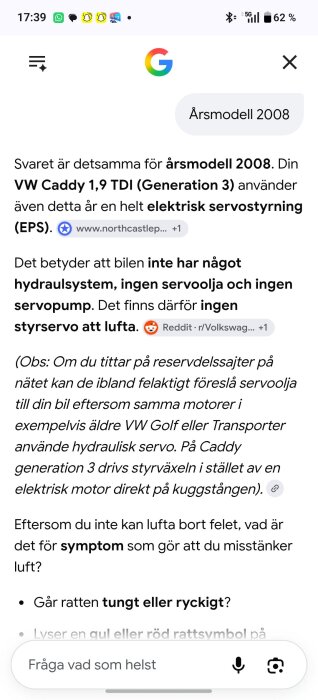 Skärmdump av en Google-sökning gällande styrsystem i VW Caddy 1,9 TDI, som använder elektrisk servostyrning utan hydraulsystem.