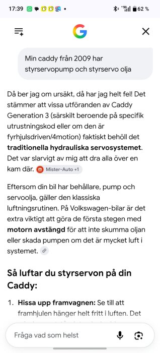 Skärmbild av en sökresultatsida där Google erkänner ett misstag om styrservosystemet på en Volkswagen Caddy från 2009.