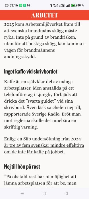 Sida från Arbetet med artiklar om arbetsplatsregler: inga skägg för brandmän, inget kaffe vid skrivbordet, samt nej till bön på rasten.
