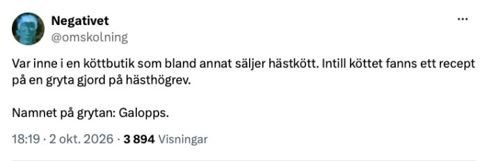 En tweet om en köttbutik som säljer hästkött och ett recept på gryta med hästhögrev kallad Galopps.