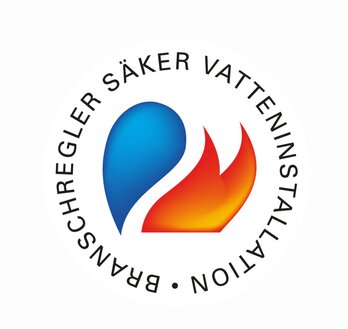 Logotyp för Säker Vatteninstallation med blå och orange symbol samt text runt om.