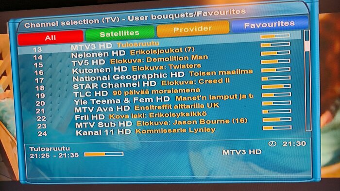 TV-kanallista visas på skärmen med kanaler som MTV3 HD, Nelonen HD, TV5 HD, med tider och program som visas, respektive kanalnummer listas.