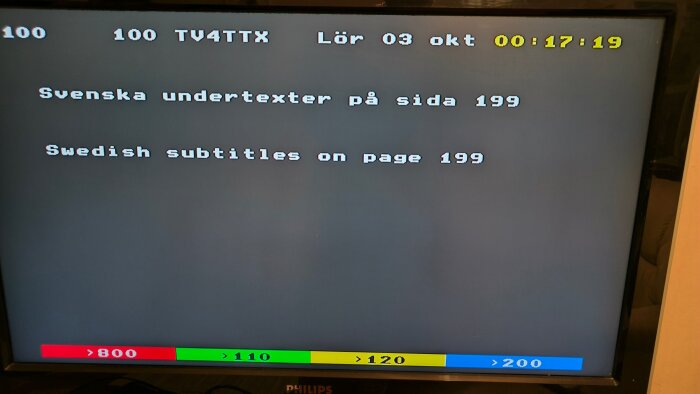 Text-tv på en TV-skärm visar kanal 100, tid och information om svenska undertexter på sida 199.