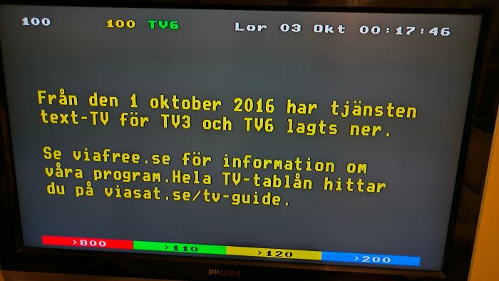 Skärmbild av text-TV meddelande som informerar om att text-TV för TV3 och TV6 har upphört från 1 oktober 2016, med hänvisning till viasat.se/tv-guide.