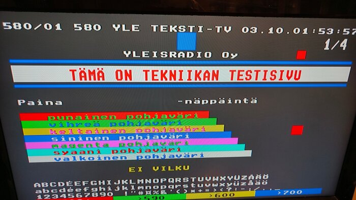 Finsk testbild från YLE:s text-tv med färgade balkar och texten "Tämä on tekniikan testisivu".