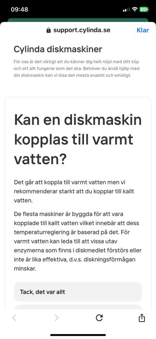 Skärmbild av supportartikeln "Kan en diskmaskin kopplas till varmt vatten?" från Cylinda, som rekommenderar kallvattenanslutning.