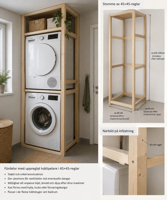 Trästomme av 45x45-reglar som stödjer tvättmaskin och torktumlare i ett torn med mellanliggande hylla för att fördela vikten jämnt.