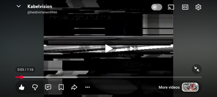 Skärmdump av en video med titeln "Kabelvision" från användaren "heidivirta5966" på en streamingplattform.