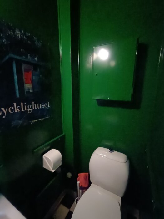Grönt badrum med toalett, pappershållare och skåp. En del av en diskussion om planlösningen och möjligheten att omvandla utrymmet.