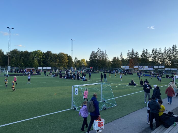 Fotbollsplan med flera barnlag som spelar matcher, omgivna av åskådare och föräldrar, omgiven av träd och blå himmel.