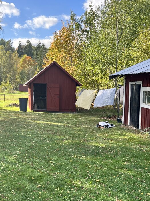 Röd byggnad med tvättlina och lakan i trädgård omgiven av höstträd, soligt väder. Grön gräsmatta med gräsklippare i förgrunden.