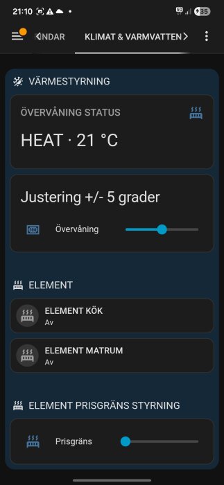 Skärmbild av värmestyrningsapp med temperaturjustering och elementstatus för övervåning 21 °C, plus prisreglage för elementens energiförbrukning.