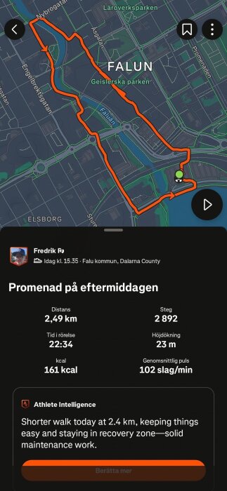 Karta över en 2,49 km promenadrunda i Falun, med detaljer om tid, kalorier och puls, visas i träningsappen.