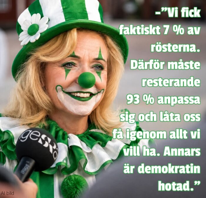 Kvinna sminkad som clown i grönvit kostym, intervjuas. Texten bredvid handlar om demokrati och röstprocent.