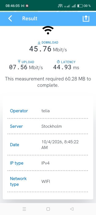 Skärmdump av ett bredbandstest med Telia; nedladdning 45.76 Mbit/s, uppladdning 7.56 Mbit/s, latens 44.93 ms, server i Stockholm.