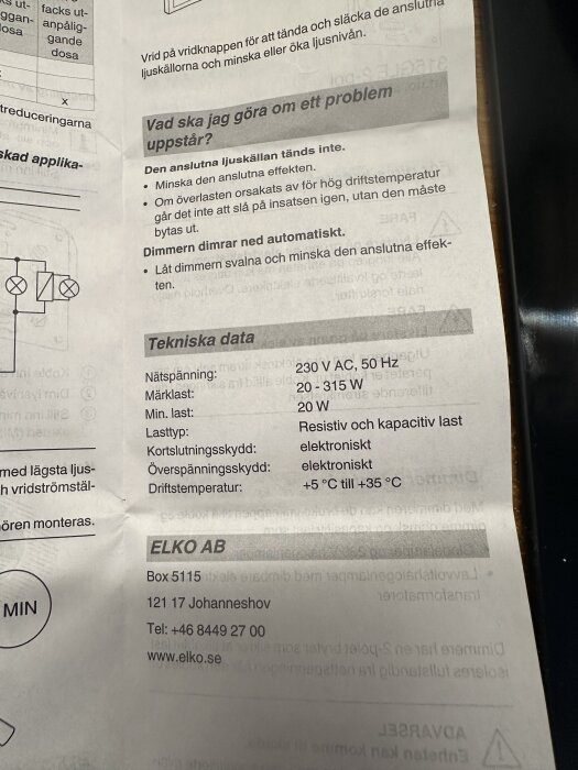 Manual för dimmer, innehåller tekniska data som nätspänning, märk- och min. last, överspänningsskydd samt kontaktinfo för ELKO AB.