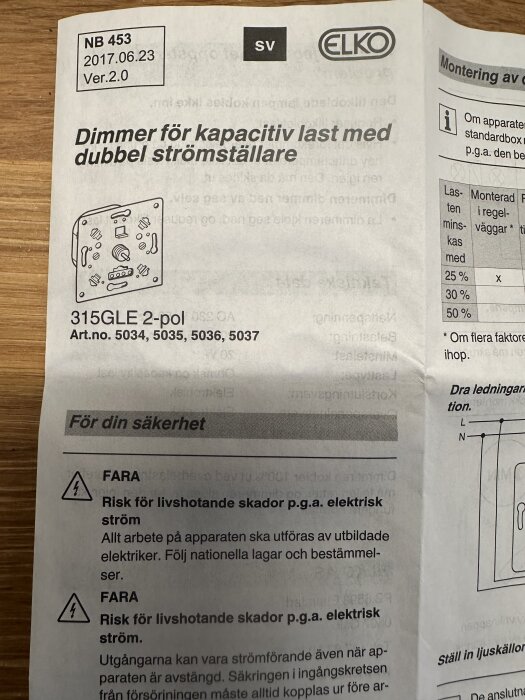 Installationsanvisning för ELKO dimmer med specifikationer och säkerhetsvarningar.