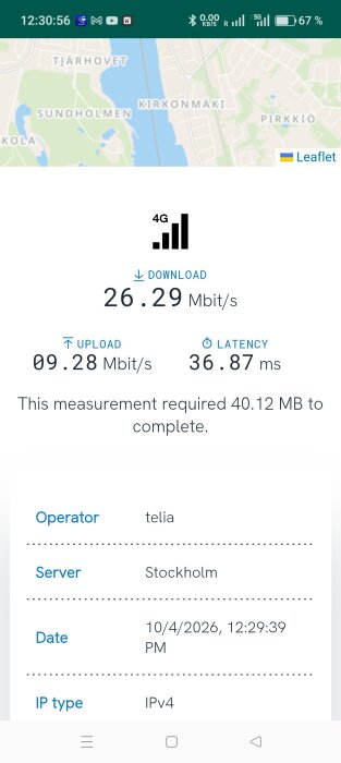 Mätning av internetanslutning med 4G som visar nedladdning 26,29 Mbit/s, uppladdning 9,28 Mbit/s och latens 36,87 ms, utförd i Stockholm.