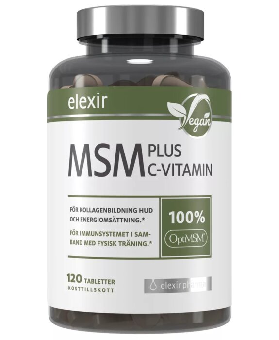 Flaska med kosttillskott, MSM plus C-vitamin, från märket Elexir, 120 tabletter för hud, energi och immunförsvar. Vegansk produkt.