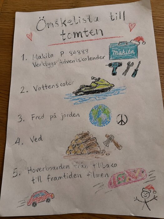 Önskelista till tomten med teckningar av verktygskalender, vattenskoter, fred på jorden, vedhög och hoverboard från filmen "Tillbaka till framtiden".