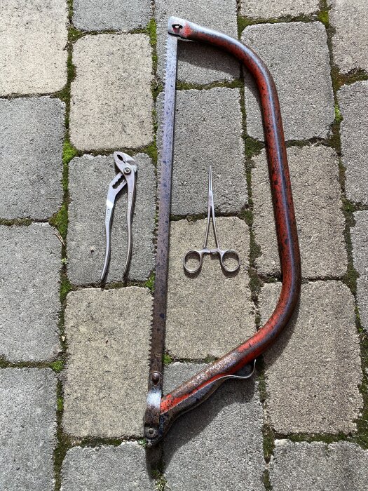 Bågsåg i rostigt skick, Bahco 223 märkt "made in Sweden" och en peang, placerade på en stenlagd gång.