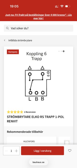 Kopplingsschema för trappkopplad strömbrytare från Elko RS, med tre poler markerade som L, B och B, samt symboler för lampor.