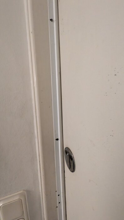 En skev ytterdörr med synlig kant och tätningslist, dörrhandtag på höger sida.