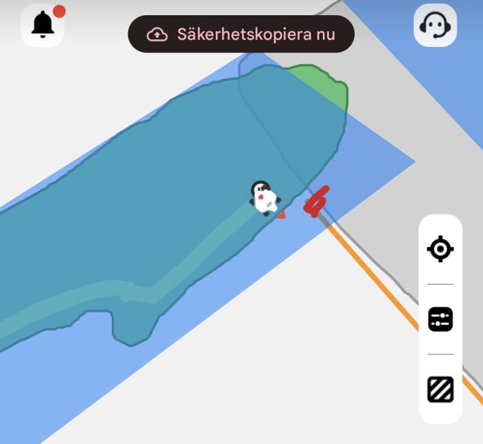 Karta med en röd pil som pekar på en blå yta och en figur i vitt i mitten. En säkerhetskopiera-knapp visas ovanför.