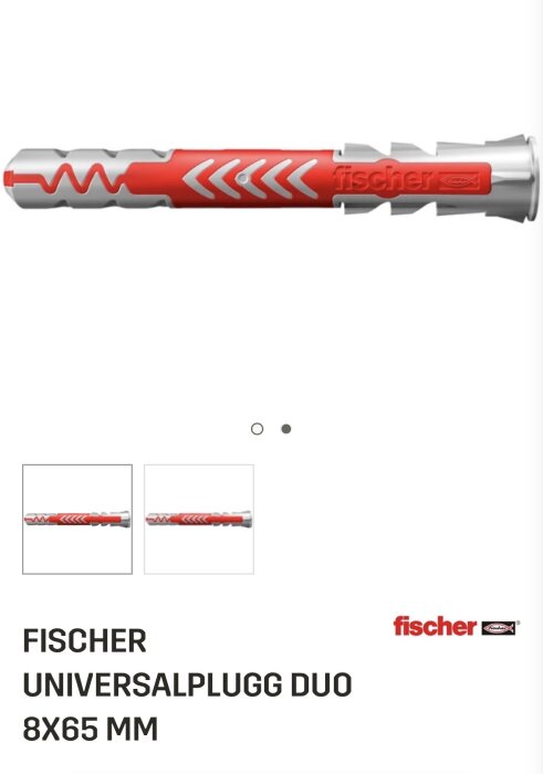 Bild på en Fischer Universalplugg Duo 8x65 mm i röd och grå design, lämplig för olika material, visas i närbild.