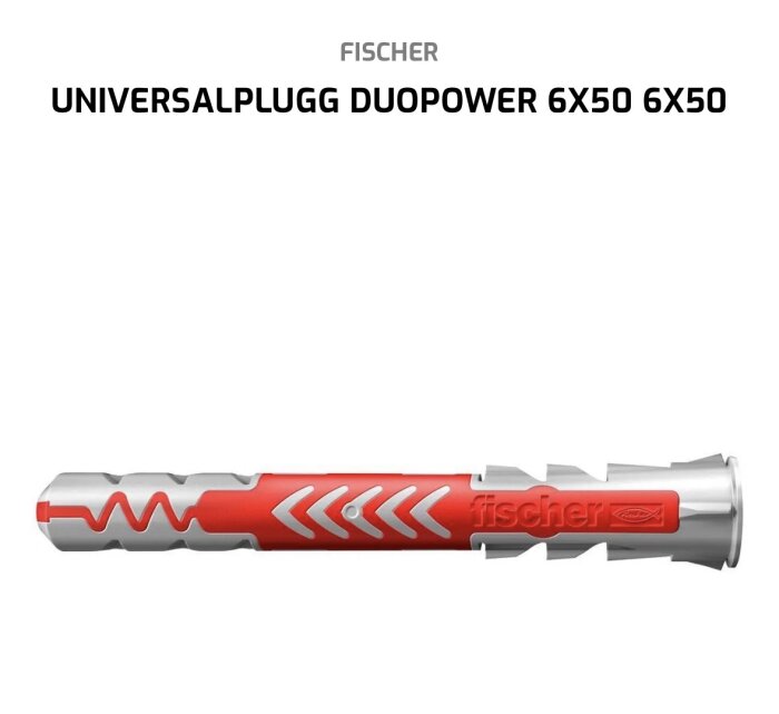 Röd och grå universalplugg Fischer DuoPower 6x50, med märkeslogotyp, mot vit bakgrund.