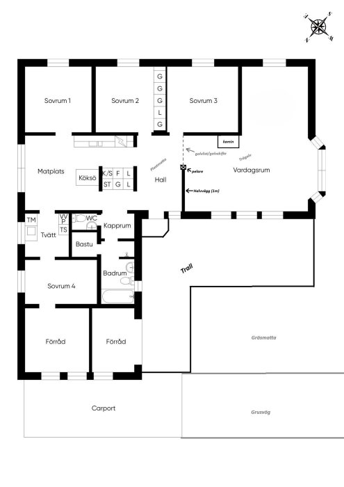 Planlösning av en enplansvilla med kök, matplats, vardagsrum, fyra sovrum, kapprum, hall, bastu, badrum, tvättstuga, förråd och carport.