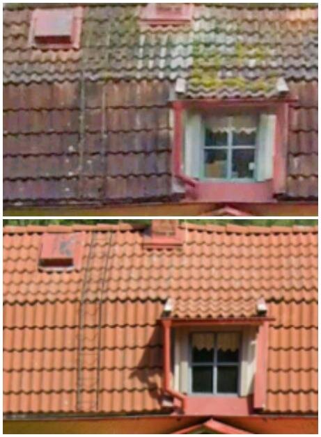 Tak före och efter renovering, visar en äldre mossig yta ovanför och ett rent, uppdaterat tegel nedanför runt ett takfönster.