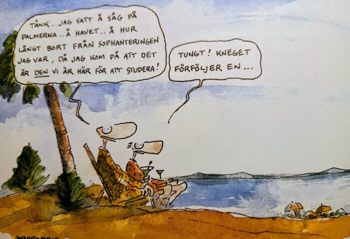 Två personer i solstolar vid stranden pratar om arbete, med palmer och hav i bakgrunden, i en humoristisk tecknad stil.