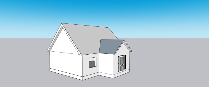 Ritning av utbyggnad med sadeltak på ett befintligt hus, isoleringsfrågor diskuteras, undertaket i gips, ingen ångspärr på det gamla 50-talshuset.