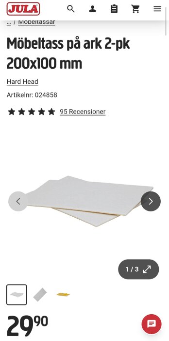 Möbeltassar på ark, 2-pack från Jula, 200x100 mm, artikelnummer 024858, med pris 29,90 och 95 recensioner.